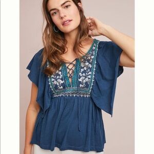 💙 Anthropologie Blue Embroidered Daphne Flutter Sleeves Lace-Up Peasant Knit Top